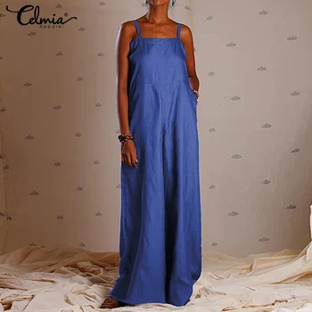 

Celmia Vintage Women Jumpsuits 2020 Summer Sexy Strappy Rompers Casual Female Wide Leg Pants Pockets Plus Size Overalls Pantalon