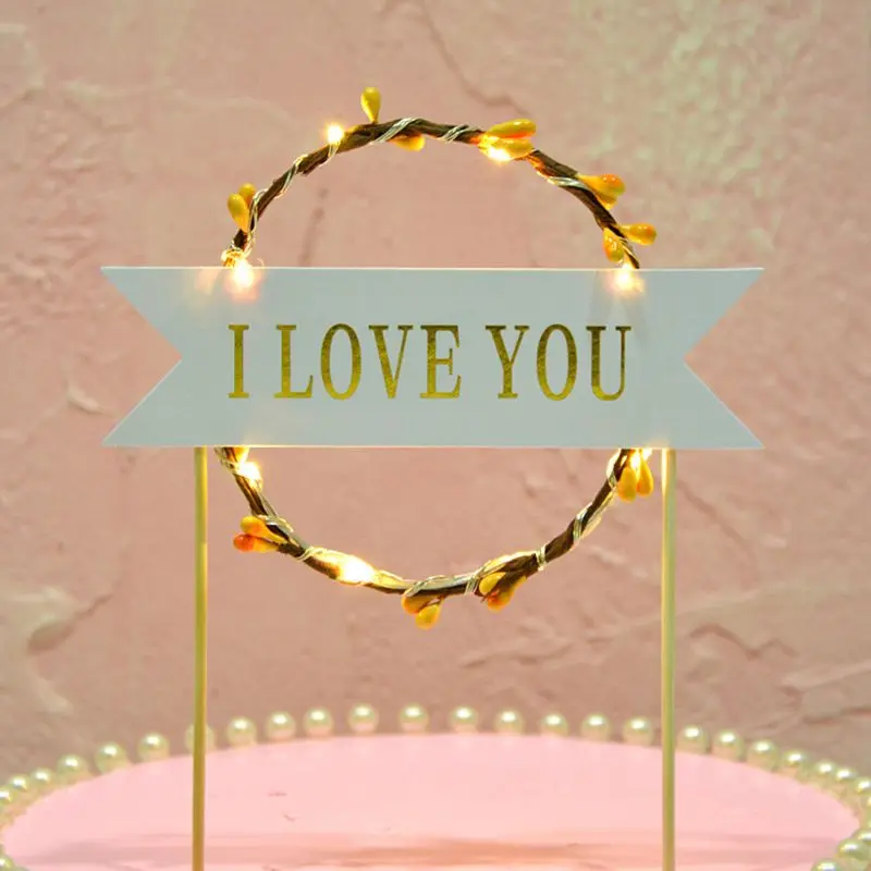1Pc 1Pc LED String Light Up Glow Flower Garland Wreath Cupcakes Cake Topper Bunting Flags Sweet Love Birthday Party Decoration