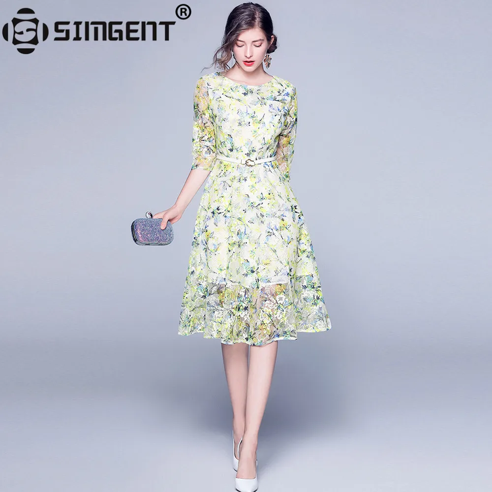 

Simgent Woman Dress Spring Three Quarter Sleeve A Line Casual Knee Length Office Belted Lace Dresses Vestido Robe Femme SG9952