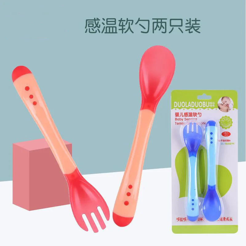 2-Pack Детская посуда для кормления Мягкая ложка детская меняющая цвет силиконовая Мягкая головка температура Ladel