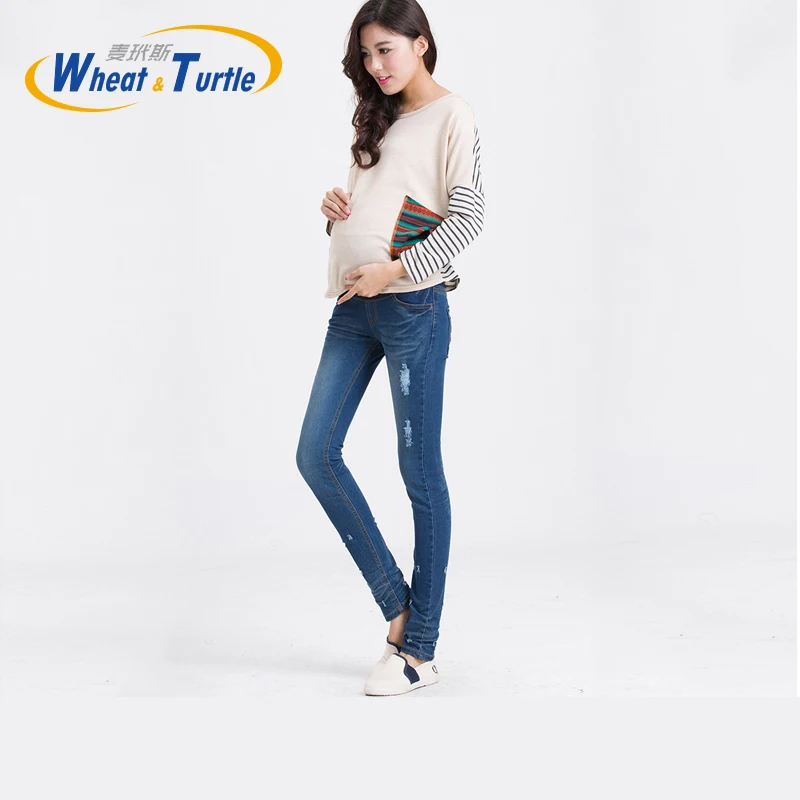 

Maternity Holes Skinny Jeans Good Quality Cotton Distressed Blue Slim Pencil for Pregnant Women Pregnancy Clothes