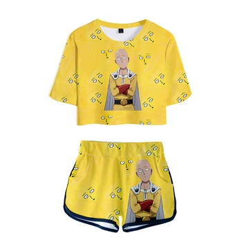 

One Punch Man 3D Two Pieces Short-sleeved T-shirt + Shorts 2019 Popular Anime Dew Belly Two Pieces Of Suit Women XS-2XL