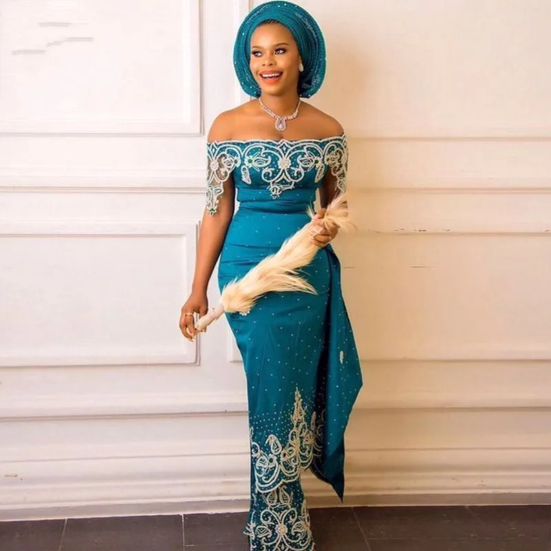 Teal Off Shoulder Prom Dresses With Lace Appliques Beads Sequins African Dubai Wmen Evening Dress Floor Length