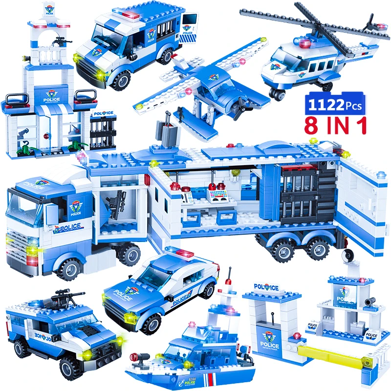 

1122pcs 8IN1 SWAT City Police Helicopter Truck Car Building Blocks Legoinglys City Police Station Bricks Toys for Boys Children