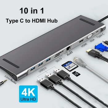 

USB HUB Type C to VGA HDMI 4K RJ45 SD/TF Card Reader USB 3.0 Support MacBook Pro Accessories Notebook Docking Station Type C Hub
