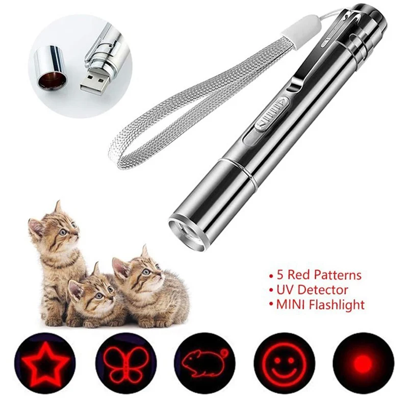 Mascotas Láser LED gato de juguete Chase juguetes de recarga USB portátil de acero inoxidable juguete interactivo para mascotas gato de juguete palo Gato suministros