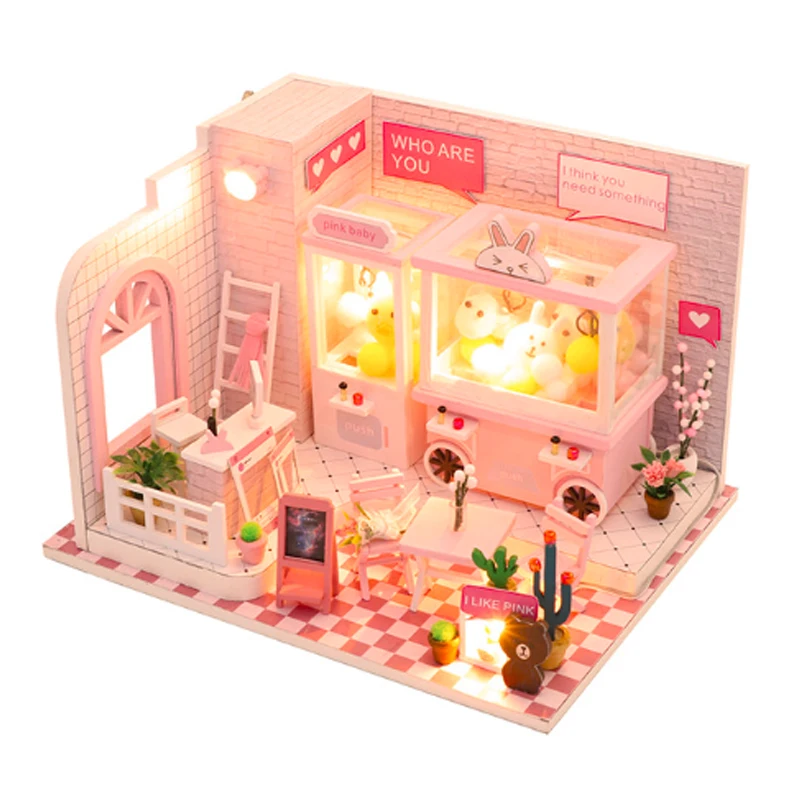 

Creative DIY Children Adult Miniature Doll house Wooden Kits Assembled building blocks Pink World home furnishing toys