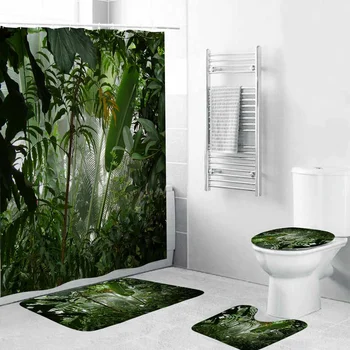 

180x180cm Bathroom Set Waterproof Shower Curtain Non-slip Mats Bath Carpets Toilet Seat Cover Lid Floor Mat Bathroom Rain forest