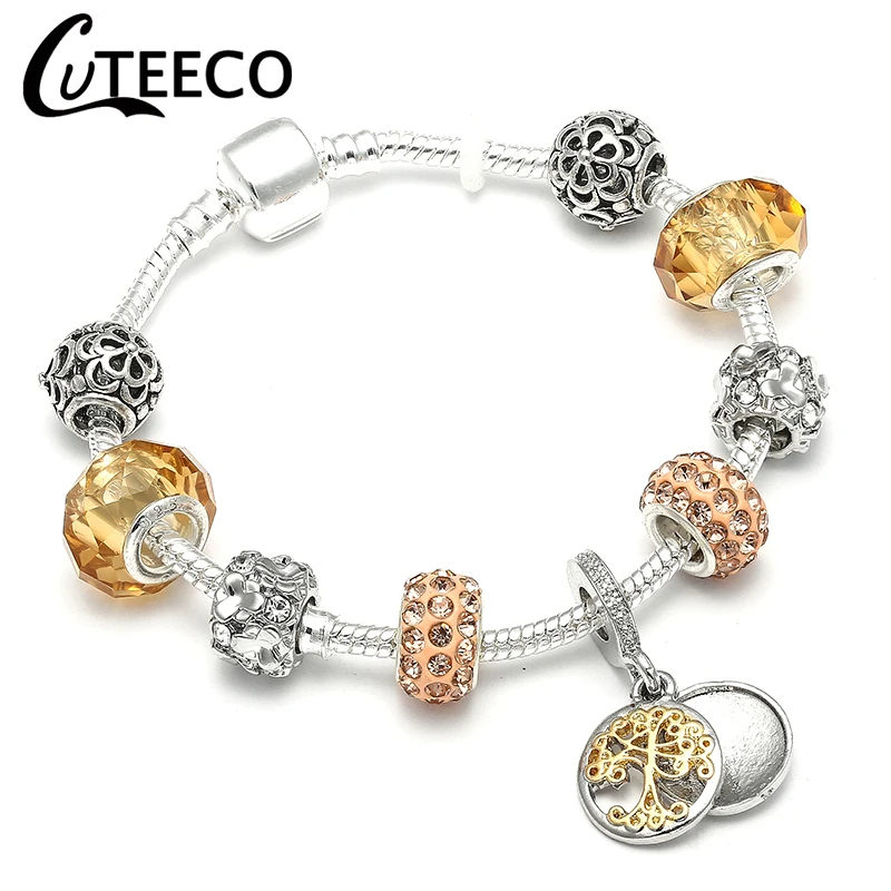 CUTEECO посеребренный Дерево жизни браслет с подвесками Новые Хрустальные Бусины Подходят брендовый браслет и браслет для женщин ювелирные изделия - Окраска металла: 12