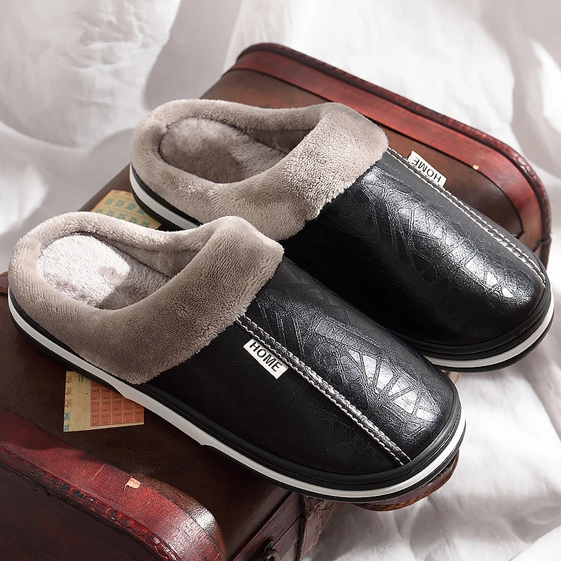 

2019 Men Leather Slippers Winter Memory Foam size 40-49 Indoor Slipper Male Non-Slip short plush Warm House slippers for man