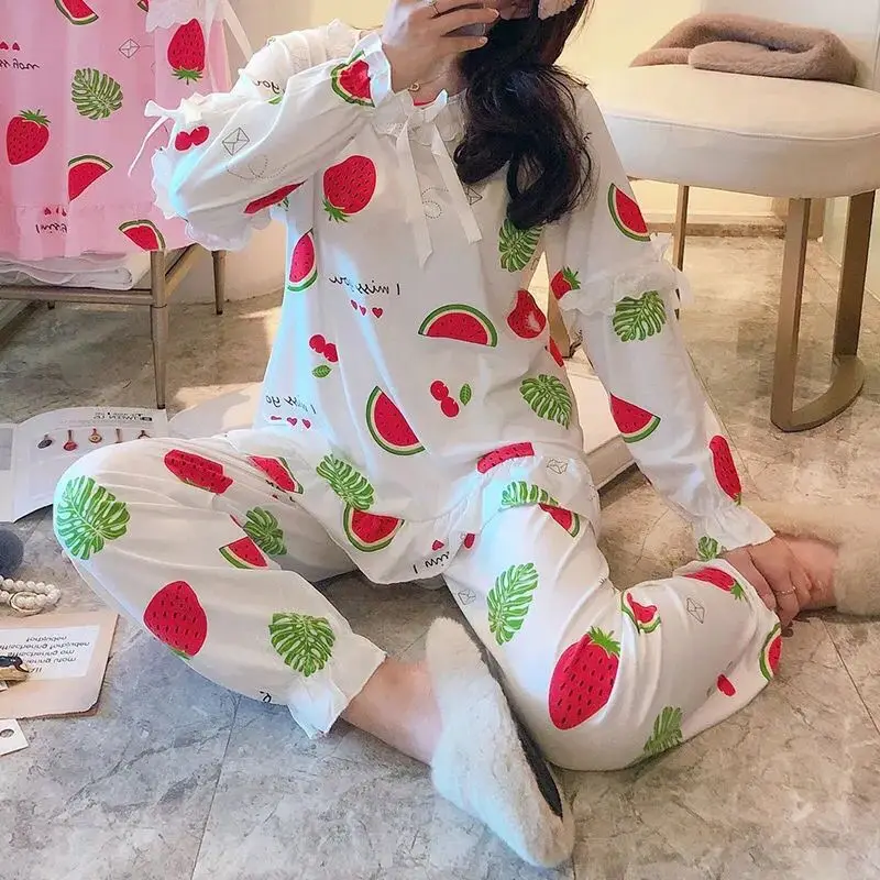 

2020 Women Pajamas Sets 2 PCS/Lot Spring Cotton Long Sleeve V Neck Sleepwear Pijamas Embroidered Homewear Casual Pyjamas