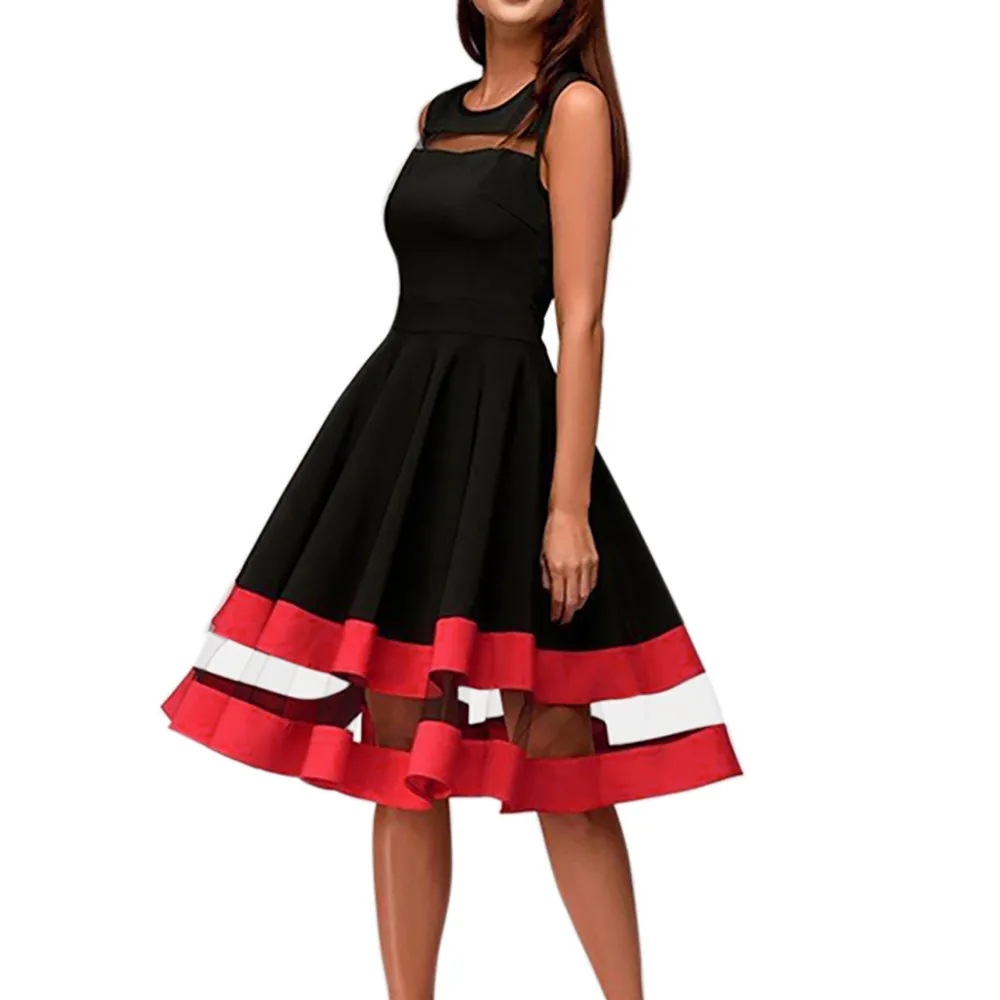 Black Women's Dresses Jurken 2019Top Hot Women Elegant Knee-Length Sexy Mesh Patchwork O-Neck Sleeveless Party Dress Robe Femme - Цвет: Black