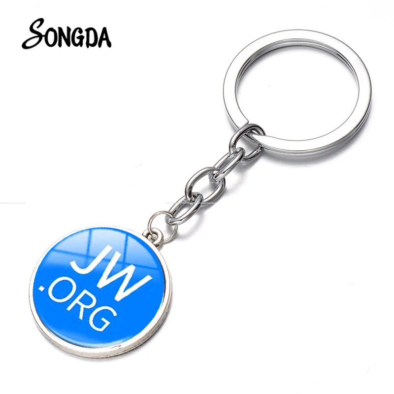 

SONGDA JW.Org Bright Color Simple Keychain Jehovah's Witness Glass Cabochon Crystal Long Key Chain Silver Plated Car Bag Keyring