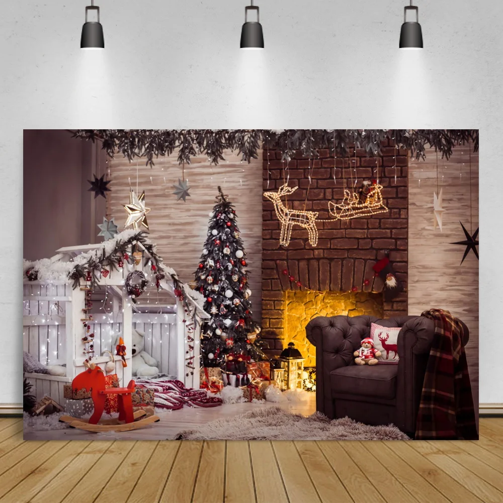 

Laeacco Christmas Tree Brick Wall Fireplace Photographic Background Interior Child Portrait Photocall Scenic Photo Backdrops