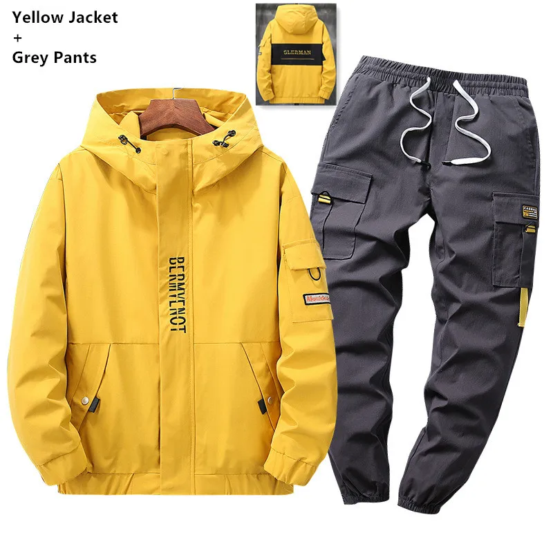 set 6 yellow grey Спортивный костюм, мужская куртка, толстовки, мужские спортивные брюки карго,, спортивные костюмы, 2 шт, набор размера плюс 7XL 8XL 9XL, свободные брюки, одежда - Цвет: set 6 yellow grey