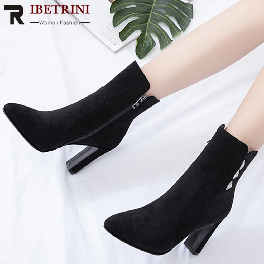 

RIBETRINI Plus Size 32-43 Hot Sale High Heels Party Wedding Shoes Woman Boots Zip Up Concise Add Fur Winter Boots Woman Shoes