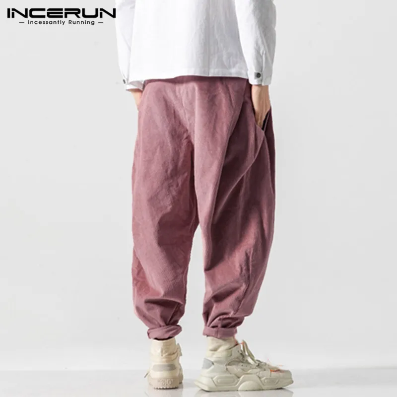 INCERUN Corduroy Men Pants Loose Solid Color Button Winter Joggers Casual Streetwear Fashion Vintage Trousers Men S-5XL