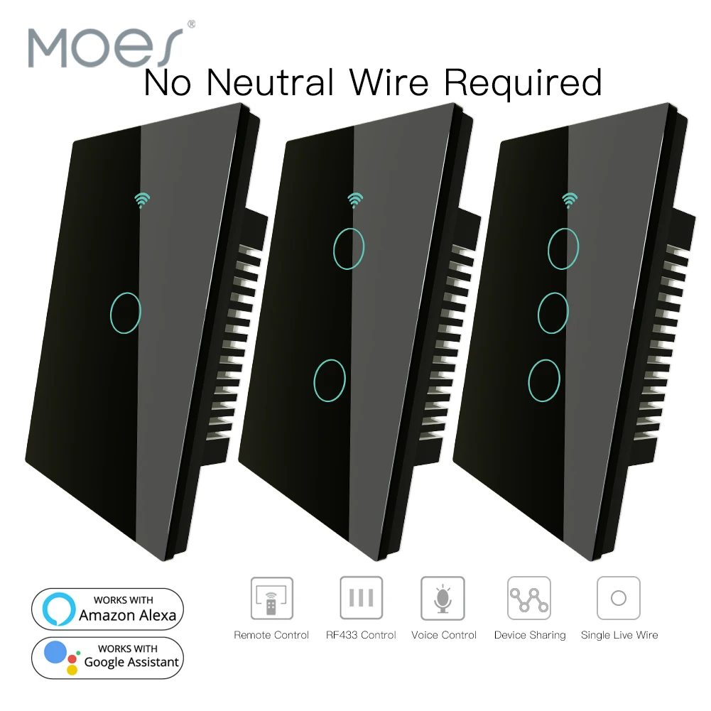 RF433 WiFi Smart Wall Touch Switch No Neutral Wire Needed Smart Single