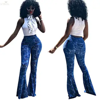 

New Slim Patchwork Flare Pants Jeans Ruffle Wide Leg Pants Women Bodycon High Waist Bell Bottom Pants Boot Cut Women Trousers