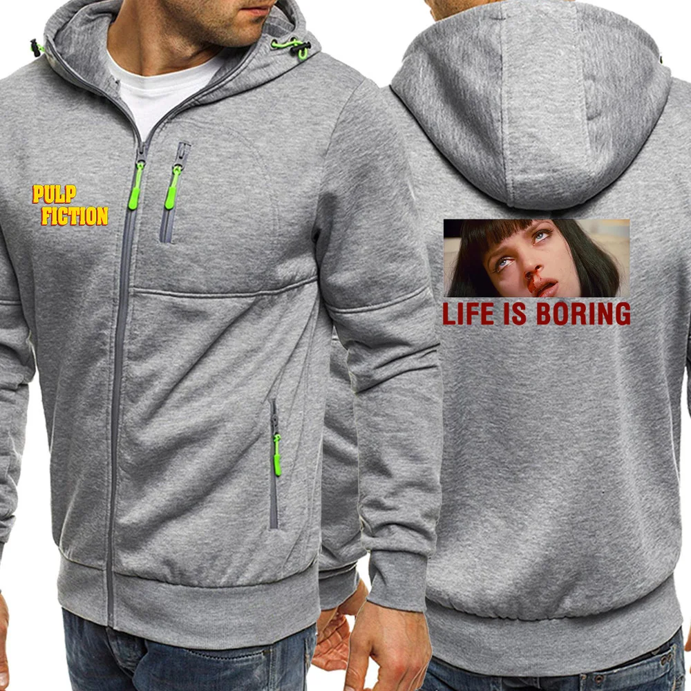 New Autumn 2019 Pulp Fiction Life Is Boring Hooded Mens Streetwear Casual Jacket Zipper Hip Hop 3