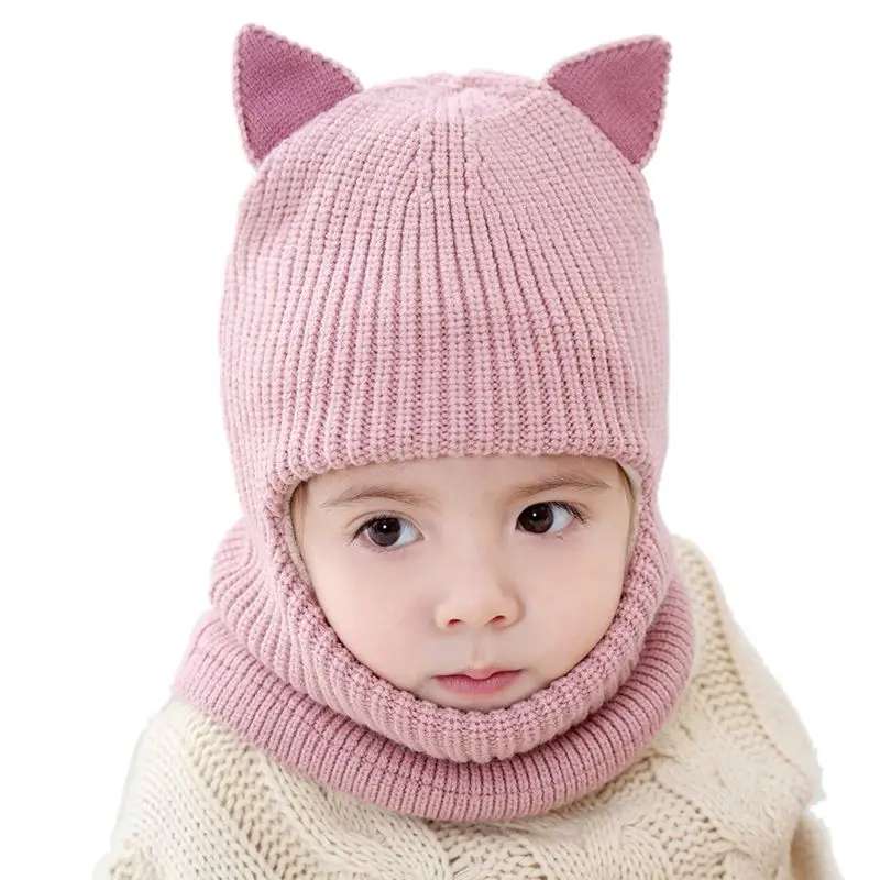 Cute Cat Ears Winter Warm Children Knitted Hats Baby Girls Boy Fleece Lining Hat - Цвет: PK