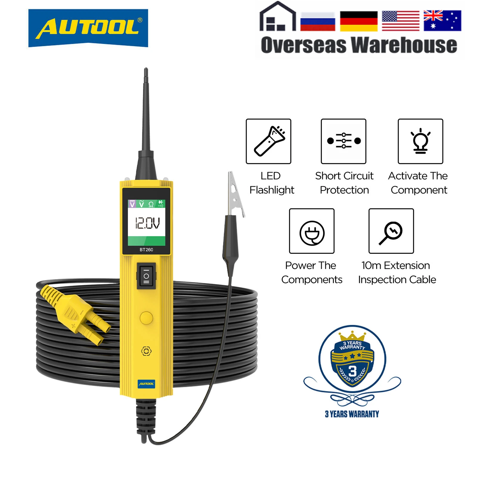 AUTOOL BT260 Eircuit Tester 6V to 30V Voltage detector Electrical System Diagnostic Tool Automotive Circuit Tester Tester light