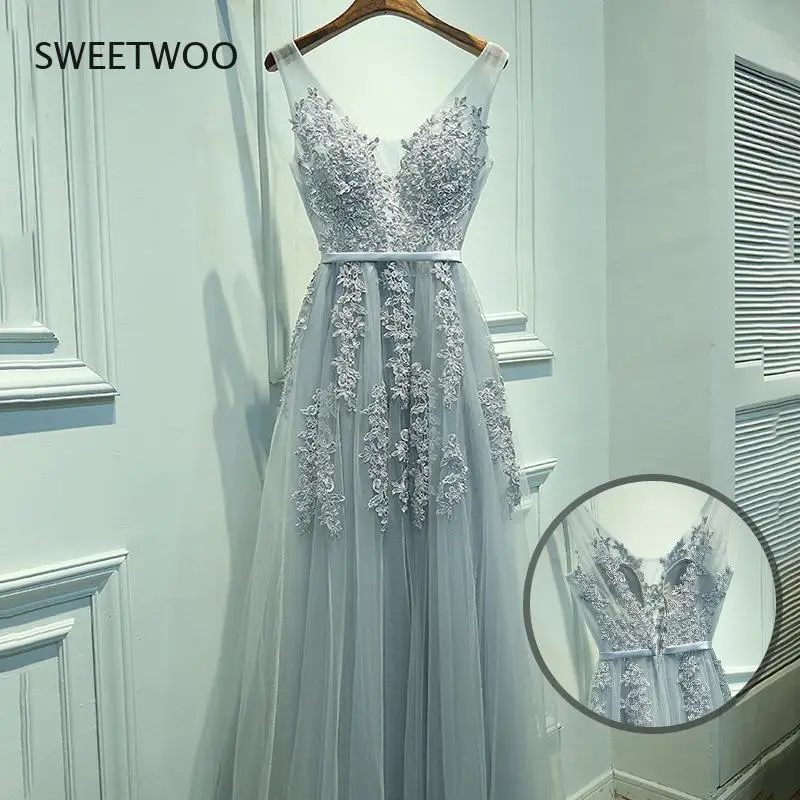 

Sexy V-Neck Evening Dress Robe De Soiree 2021 High Quality Gray Tulle with Appliques Evening Dresses Long Dress Vestido De Festa