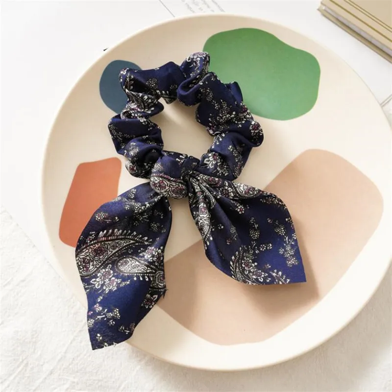 navy blue Милые леопардовые аксессуары для волос, бохо, цветочный принт, резинки для волос для женщин, бант, лента для волос, модный бант, резинки для волос для девочек - Цвет: navy blue