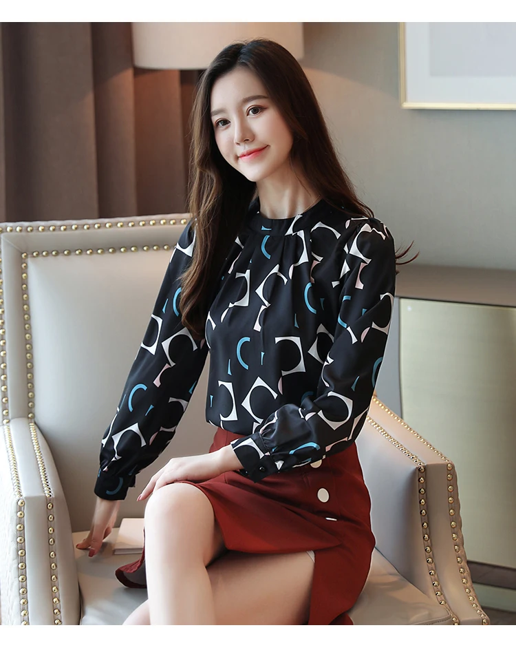 Blusas mujer de moda Женские топы и блузки с круглым вырезом, шифоновая Женская одежда с принтом, рубашки с длинным рукавом, женские топы 6053 50