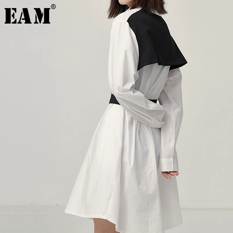 

[EAM] Women Cotrast Color Split Joint Big Size Shirt Dress New Lapel Long Sleeve Loose Fit Fashion Tide Spring Autumn 2019 1B595