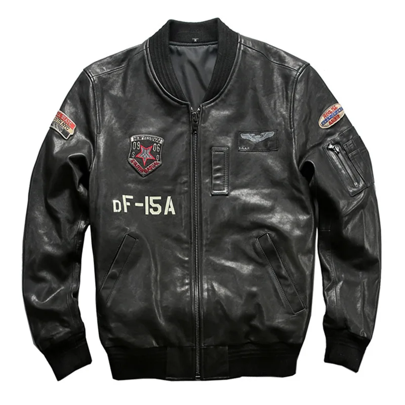 

Seveyfan Men's Genuine Leather Pilot MA1 Jacket Black Slim Real Sheepskin Leather Jacket for Male Plus Size 4XL R3072