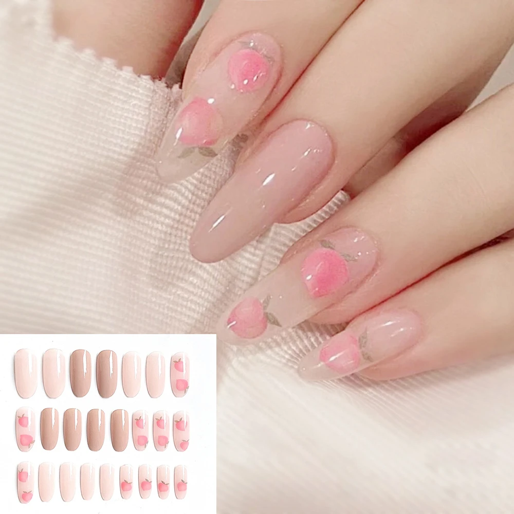 24pcs Almond Shape Pink False Nails With Cute Peach Designs Full Cover Nail  Art Tips Press On Nails With Glue Manicure Tool - False Nails - AliExpress