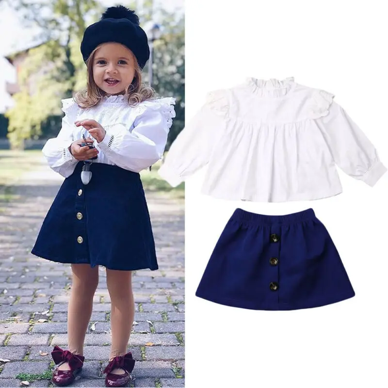16Y Toddler Kids Baby Girl Clothes Sets White Lace Long Sleeve Tops Ruffle Blue Skirt Outfits Set | Детская одежда и обувь