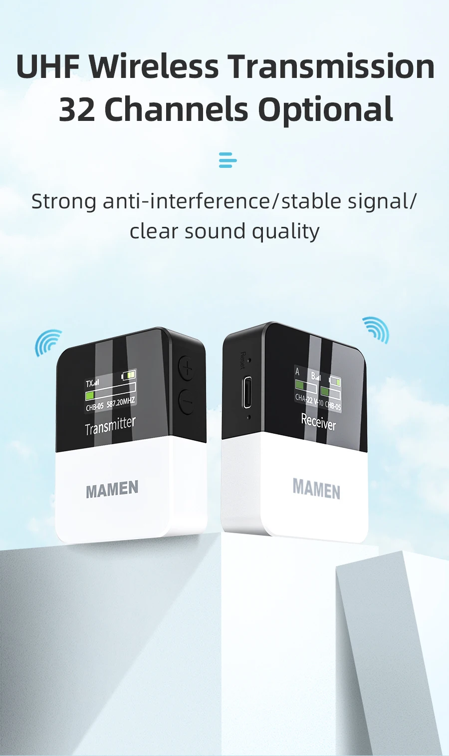 UHF Wireless Lavalier Microphone with 50m Pickup 800mAh Built-in Microphone Smart Noise Reduction Mini Professional Microphone