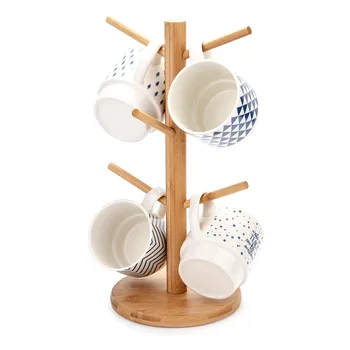 

Tree Shape 6 Hooks Wood Cup Holder Coffee Mug Display Storage Rack Kitchen Wooden Drainer Shelf Organizer