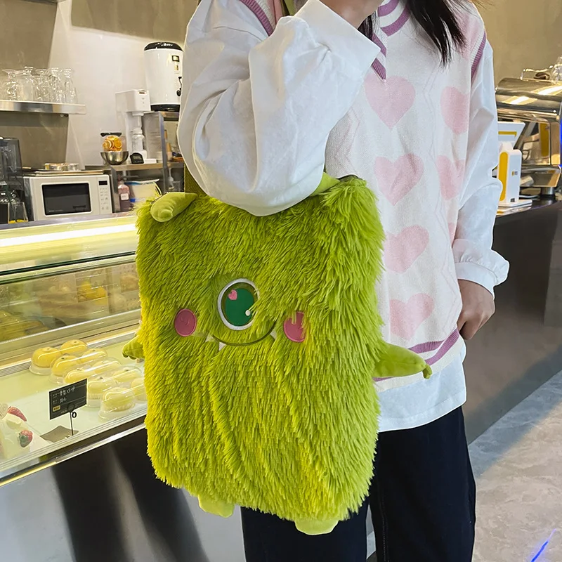 Women new Japanese cute funny plush handbag personality embroidery little monster plush girl student shoulder bag female bag