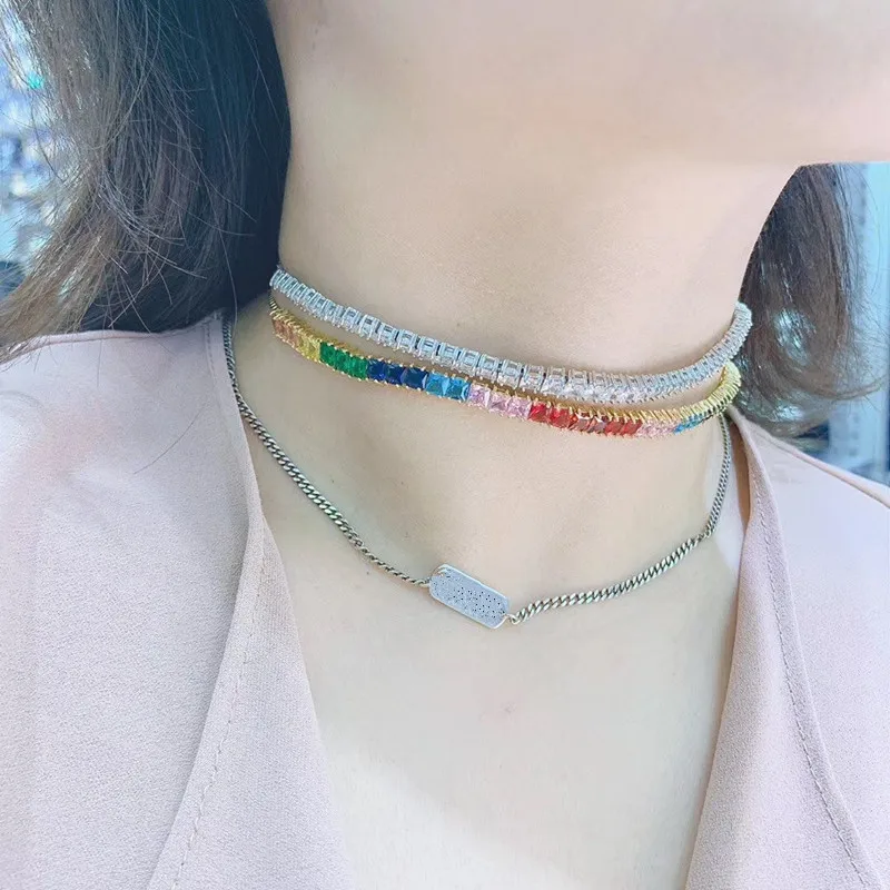 Popular AAA cubic zirconia Baguette pulling chain chokers for Women adjustable length trendy geometric necklaces N0415