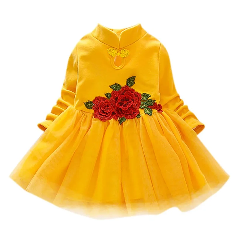 Yellow Новое платье для маленьких девочек; осеннее модное повседневное милое платье принцессы с цветочной вышивкой и длинными рукавами; гренадиновый лоскут - Цвет: Yellow