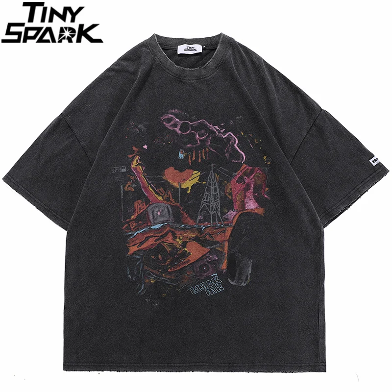 T-Shirt Streetwear Short-Sleeve Graphic Oversize-Washed Hip-Hop Harajuku Ripped Summer