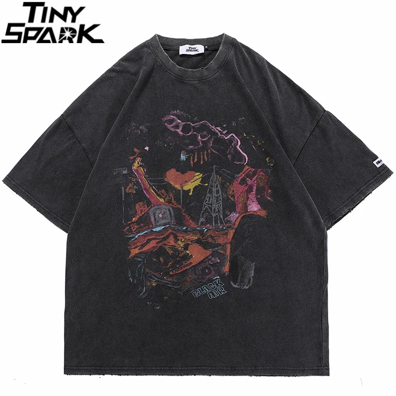Hip Hop Oversize Washed T Shirt Streetwear Harajuku Ripped Graphic Printed T Shirt 2021 Men Spring Summer Short Sleeve Tshirt