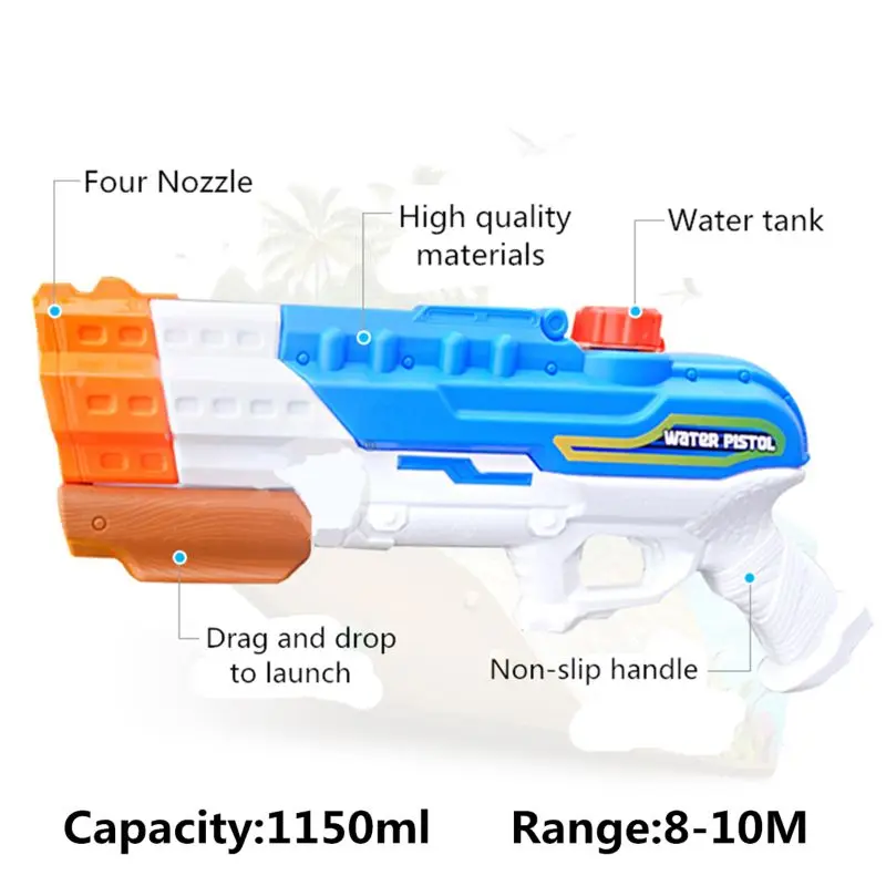 Water Water Gun Soaker 4 Nozzles Water Blaster 1200CC Squirt Gun 30ft Water Pistol Water Fight Summer Toys Outdoor Swimming Pool