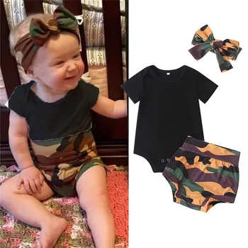 

0-18M Baby Girls Boys 3pcs Clothes Set Solid Color Romper Bodysuit +Camouflage High Waist Shorts Bow Headband Newborn Unisex Set