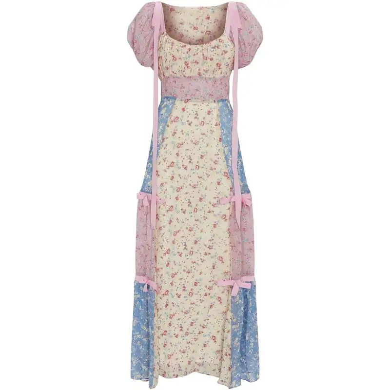 Богемный Вдохновленный цветочный пэчворк летнее платье пышные рукава шикарное бохо платье для женщин длинные ленты квадратный вырез платье женское