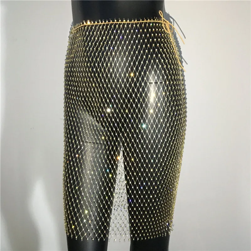 Shiny Rhinestone Fishnet Grid Empire Solid Mini Skirt Summer Beach Sexy Hollow Out Cover Up Luxury Celebrity Above Knee Skirts black midi skirt