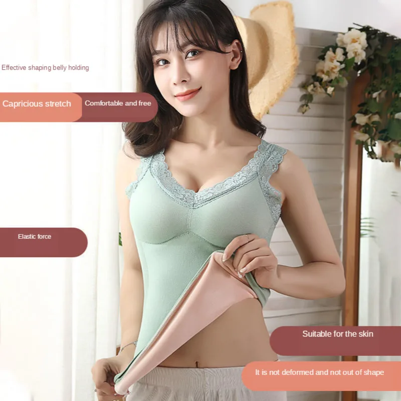 Sexy Lingerie Shirt Bra Plush Vest Women's Winter V-neck Lace Suspender  Thermal Breast Pad Bralette Crop Top For Women Underwear