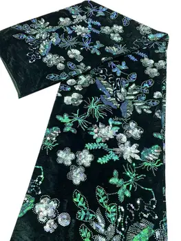 

Top grade African Velvet Lace Fabric With Sequin soft velveteen material Green Velvet beads Lace for wedding dress 5yards