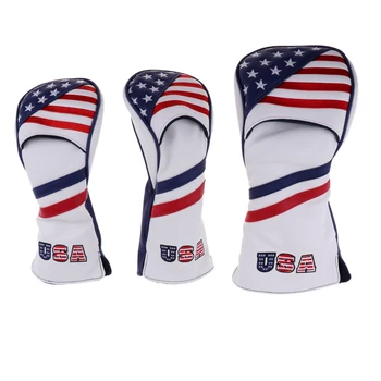 

3 Pieces USA Flag PU Golf Wood Head Cover Set for Golf Driver Fairway Hybrid Club-Making Products