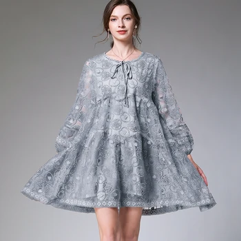 

Spring Ladies Plus Size Loose Fit embroidery lace Dress Elegant cute flare party Dress lantern sleeves dress vestidos XXXXL 4XL