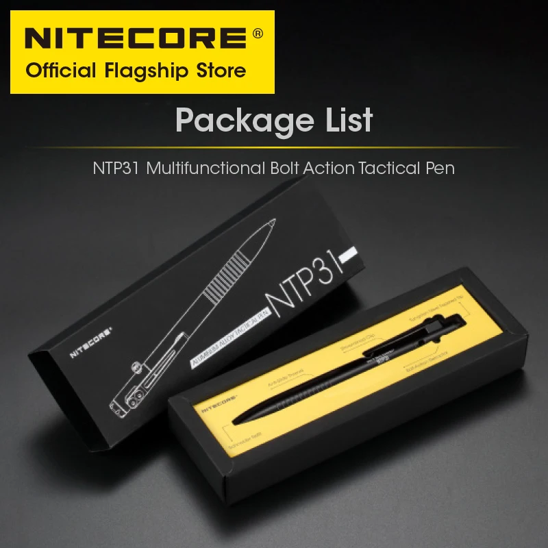 Nitecore NTP31 CNC 양방향 볼트 액션 전술 펜 자기 방어 볼펜 + 텅스텐 강철 테이퍼 팁 유리 차단기