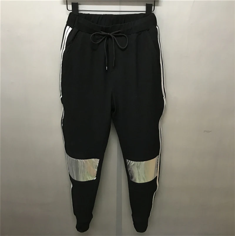 Summer New Ins Reflective Lightweight Two Bars Men's Pants Ankle-Length Slim Fit Pencil Middle Elastic Waist Trousers